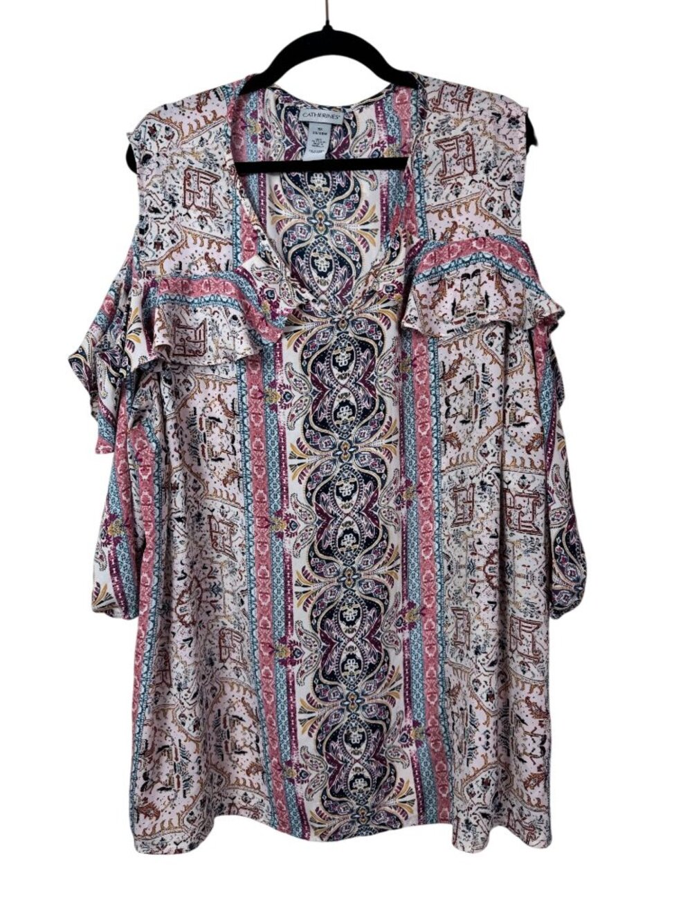 Catherines Womens Cold Shoulder Paisley Top Plus size 3X Ruffle Lightweight Boho